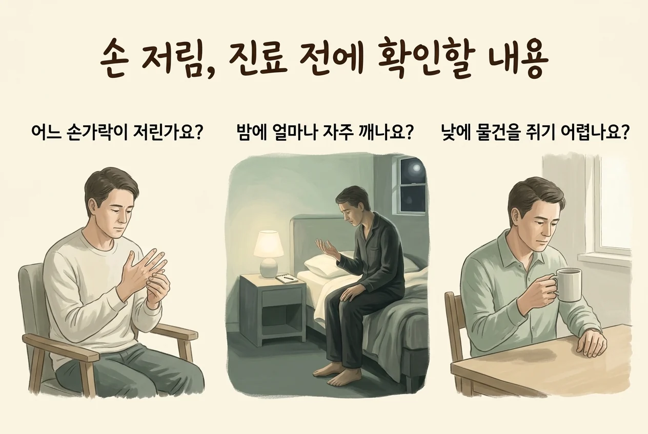 손가락 저림의 위치와 야간 수면, 낮의 손 기능을 확인하는 예시