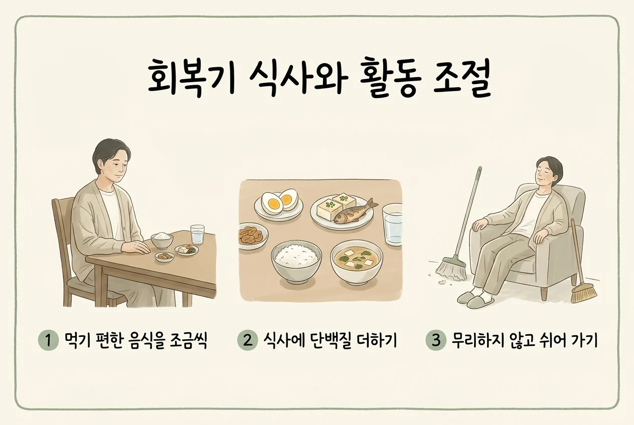 먹기 편한 음식과 단백질을 챙기고 활동 중 쉬어 가는 예시