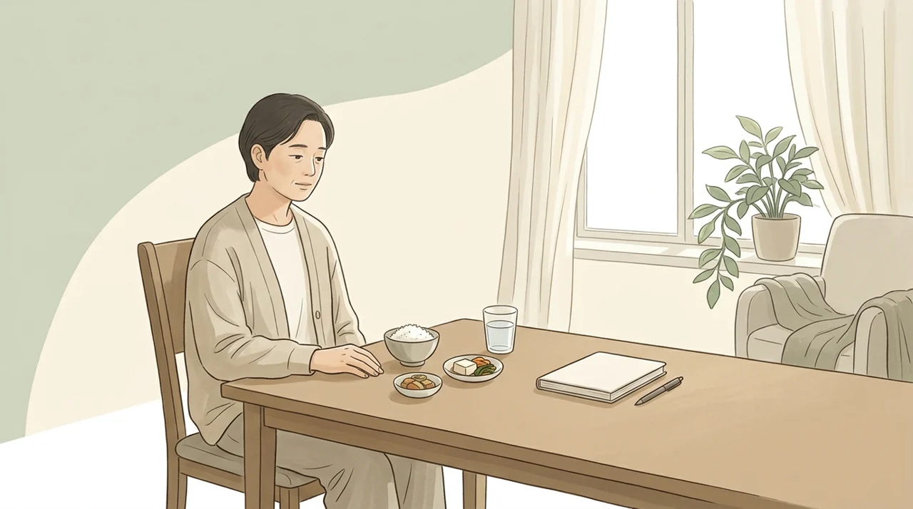 식사와 휴식으로 감기 뒤 회복기를 표현한 장면