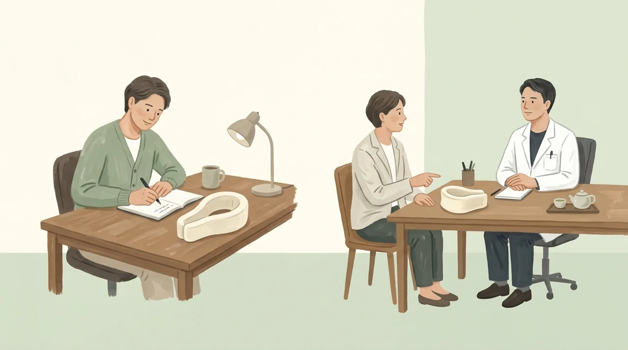 목 보호대의 사용 지침을 의료진과 확인하는 상담 장면