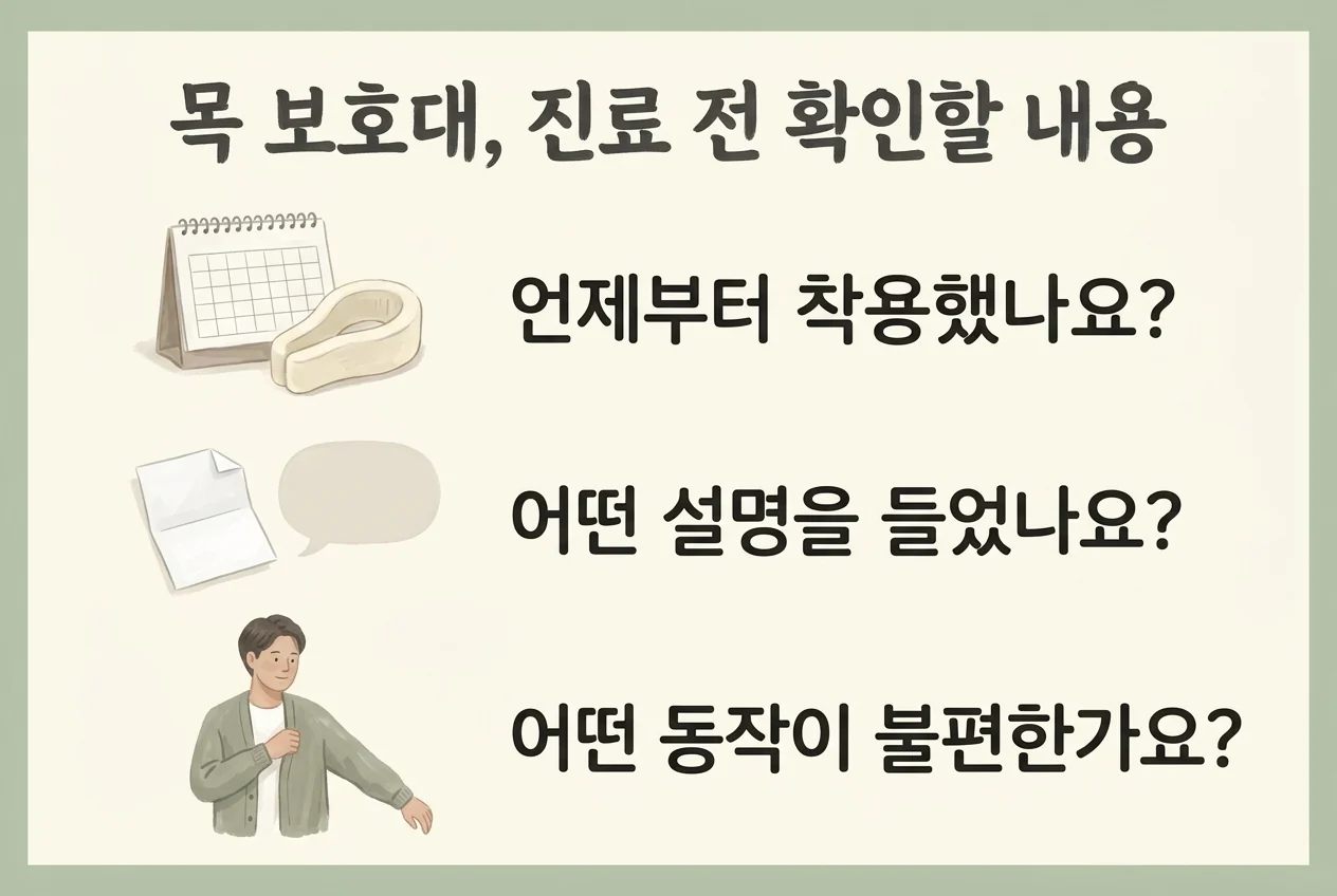 목 보호대 착용 시점과 안내받은 지침, 불편한 동작을 확인하는 예시