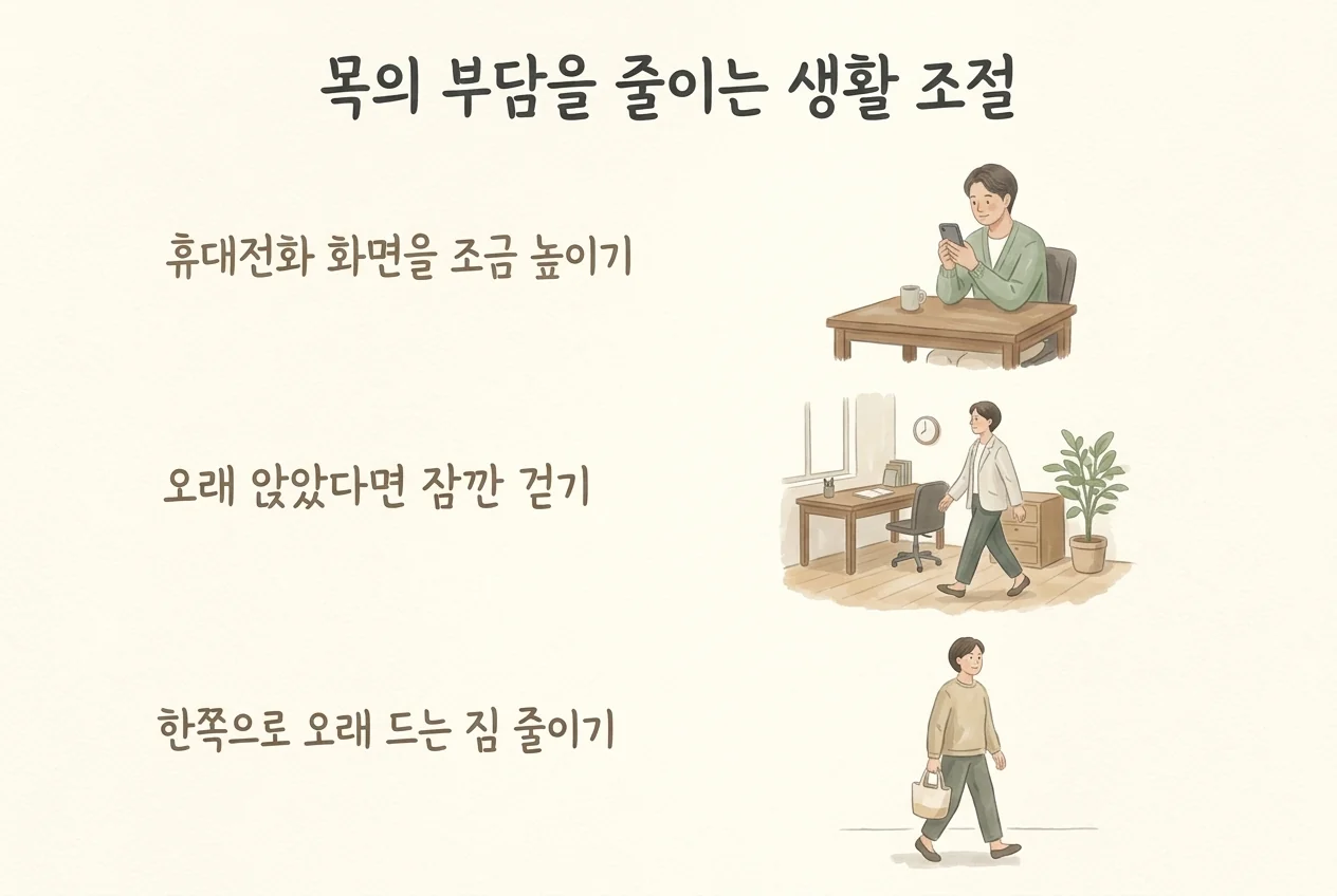 화면 높이기와 짧게 걷기, 한쪽 짐 줄이기로 목의 부담을 조절하는 예시