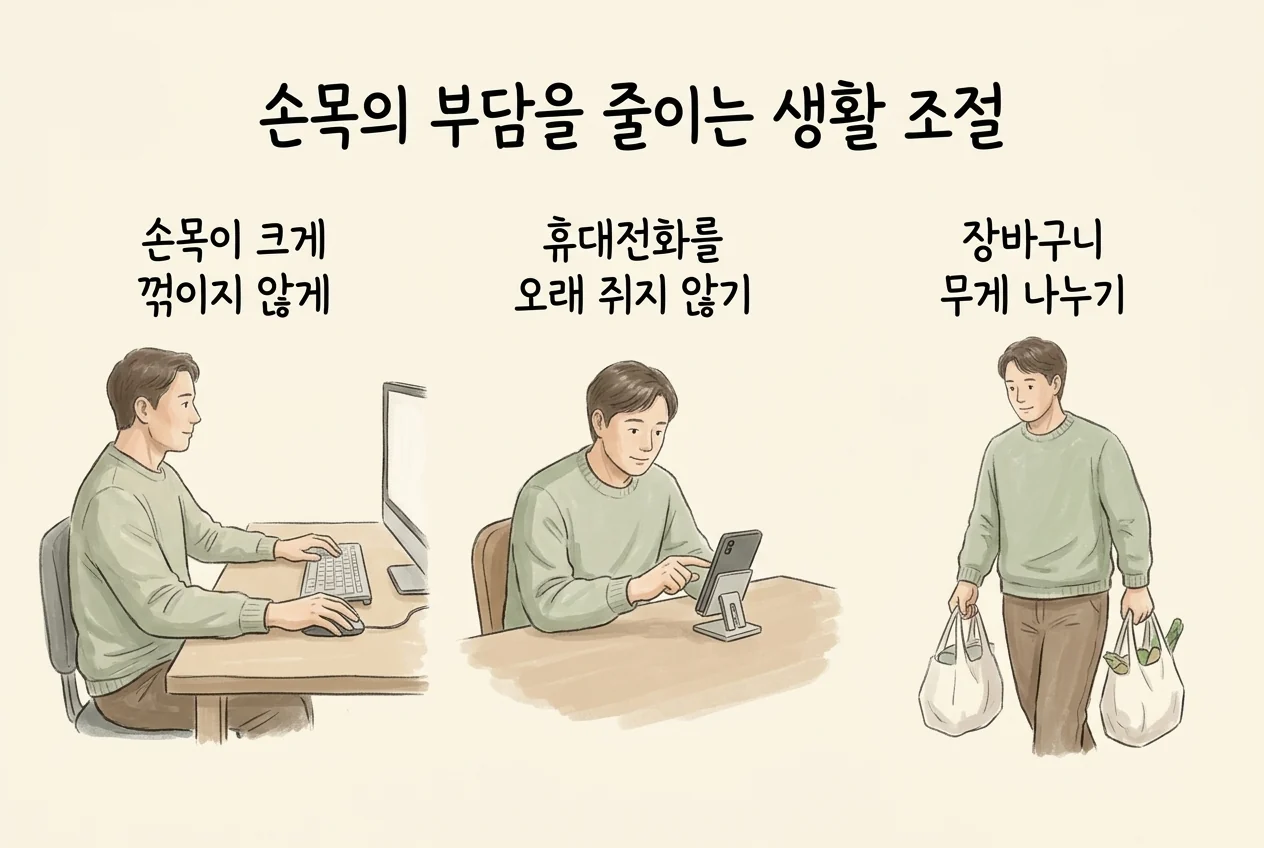 컴퓨터와 휴대전화 사용, 장바구니 들기에서 손목 부담을 줄이는 예시