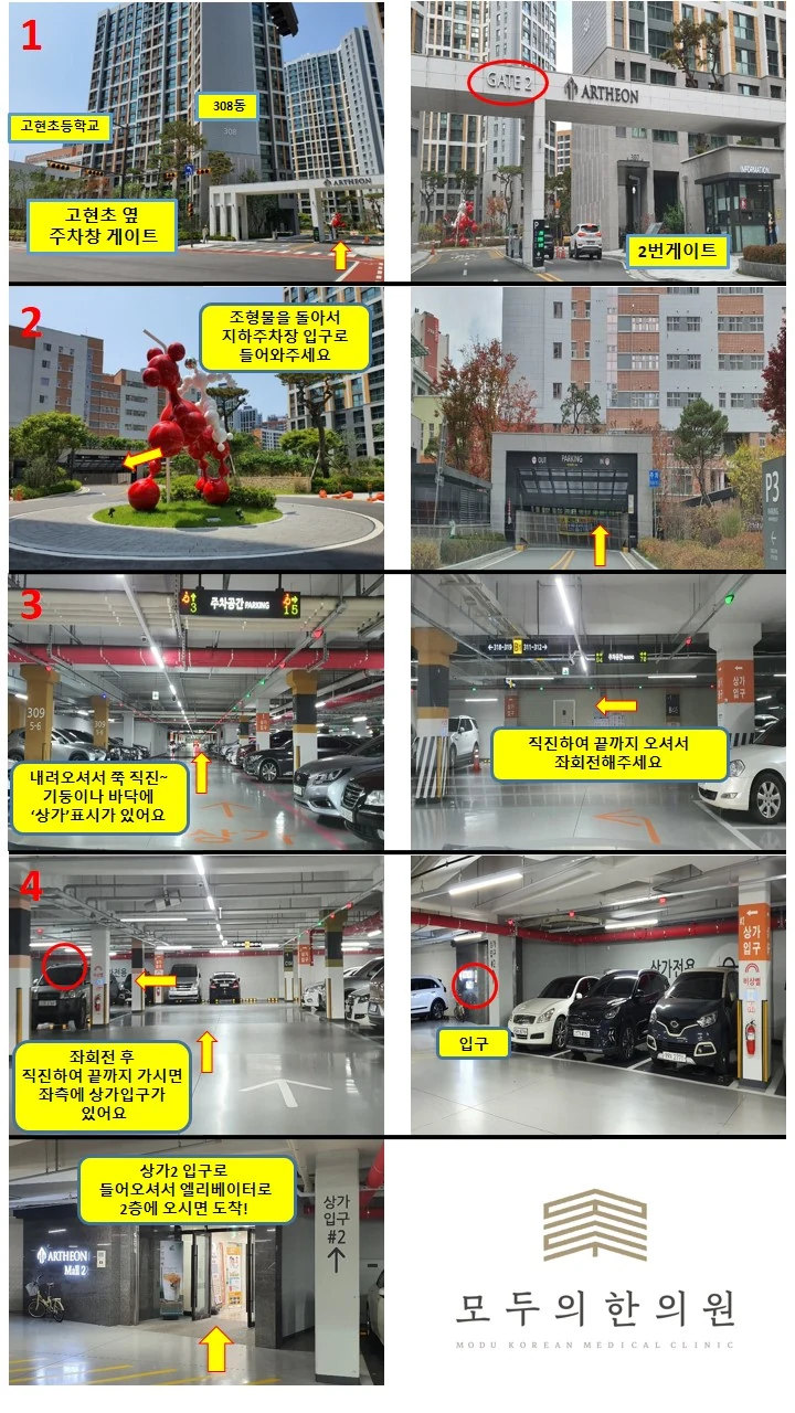 고덕아르테온 GATE 2 진입 후 지하주차장에서 상가 입구와 엘리베이터를 거쳐 모두의한의원 2층까지 이동하는 순서 안내
